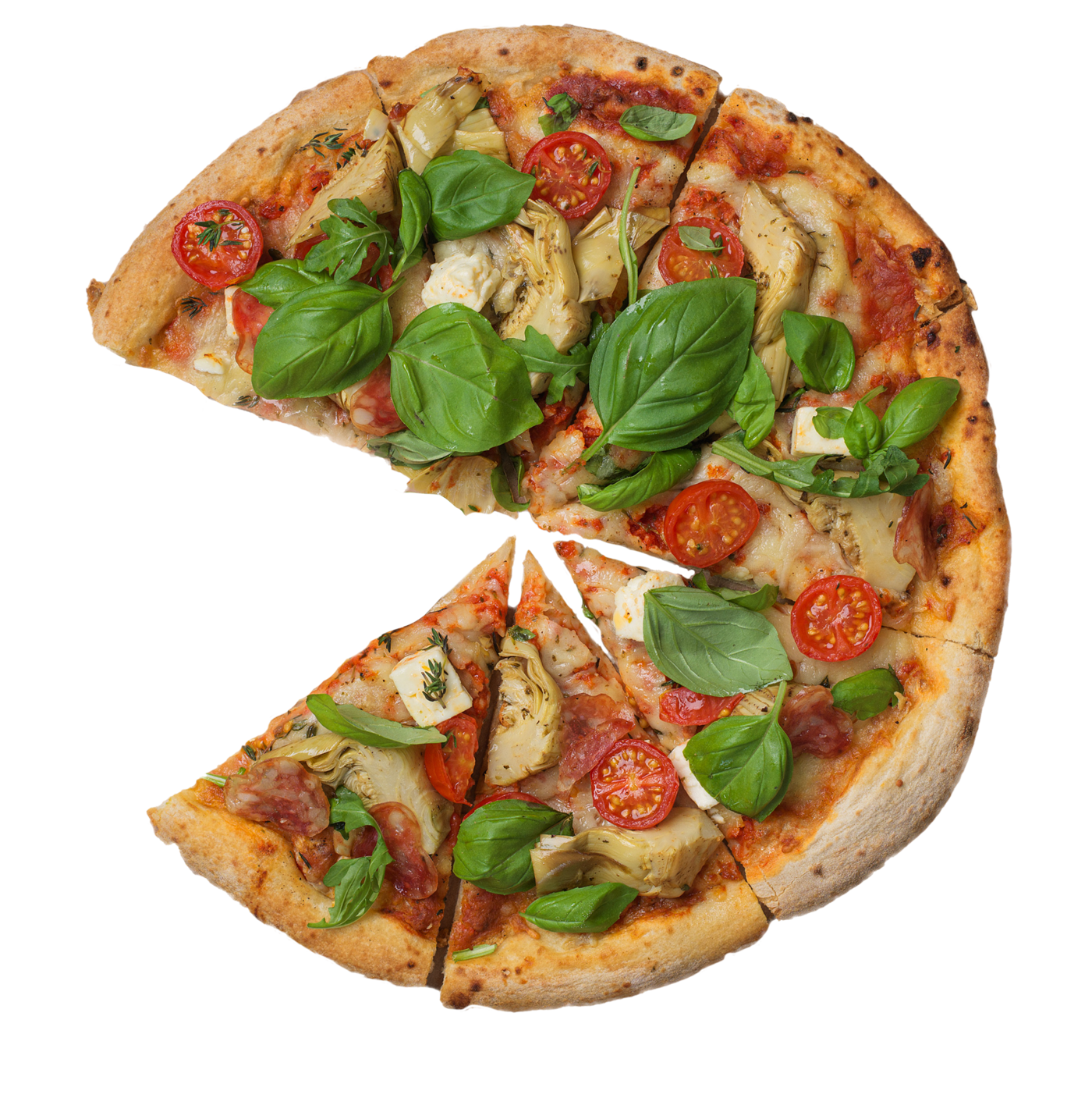 Freigestellte geschnittene Pizza von oben mit einem fehlenden Stück, belegt mit Tomaten, Pesto und Parmesan.